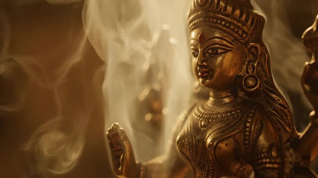 Golden Hindu Goddess Statue with Incense Smoke Ritual Worship