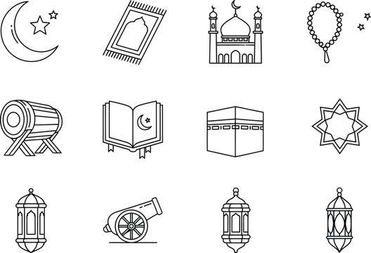 Collection of Islamic line art icons: crescent moon and stars, prayer rug, mosque, prayer beads, drum, Quran, Kaaba, geometric star, lanterns, cannon
