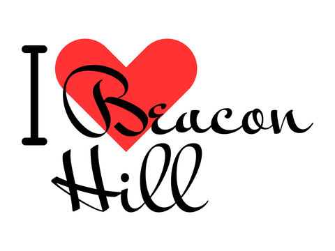 I love Beacon Hill Boston USA. Hand drawn letters with red heart. Vector illustration, lettering in modern design