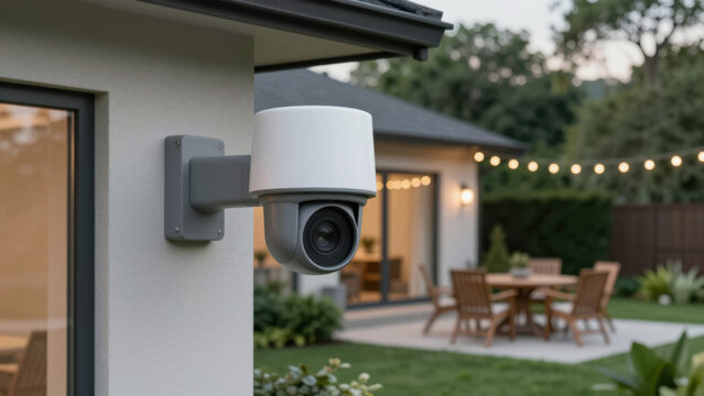 Modern Outdoor Security Camera Mounted On House Wall Overlooking Backyard Patio Area During Evening Dusk