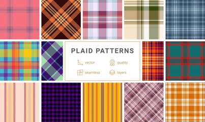 Plaid pattern set for urban fashion and contemporary styling. Tartan textures elevate streetwear, casual collections, and layering pieces. Seamless vectors align edges.