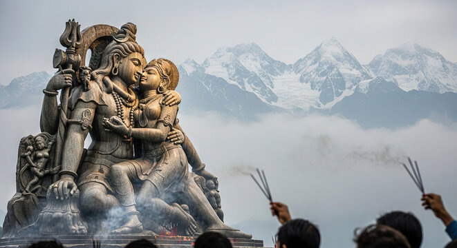 Two ancient deities embracing in a mountain setting with worshippers below