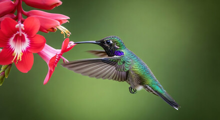 Fototapeta premium Hummingbird hovering near red flower in nature