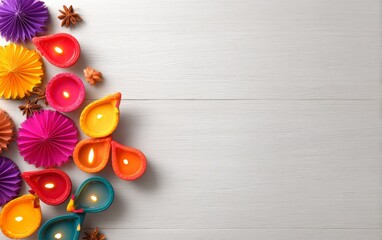 Vibrant Festival Lanterns and Diyas on Wooden Background for Celebration