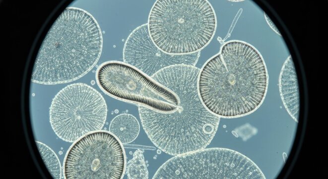 Microscopic view of various single-celled organisms.  Circular, disc-shaped, and oblong shapes, light gray and translucent, in a pale blue field.  Seen through a microscope