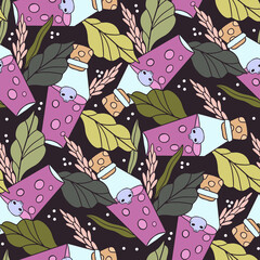 Cotton fabric Dark gothic seamless pattern with magic potion bottles skulls and botanical leaves for spooky alchemy and witchcraft backgrounds