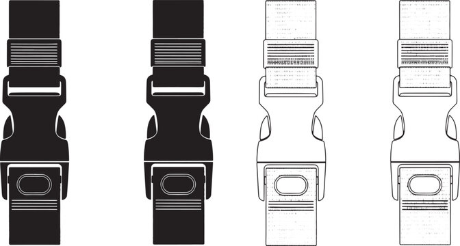 Vector illustration of quick release plastic buckles in solid black and outline styles, perfect for bag straps, outdoor gear, and various fastening system designs