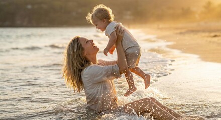 Joyful Mother and Baby Splashing in Ocean