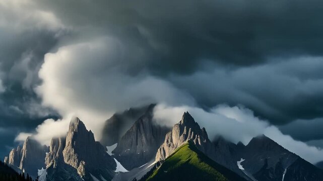 dramatic mountain landscape with stormy clouds and snow