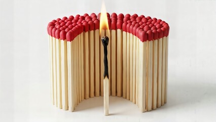 Single lit matchstick in the center of a match crowd