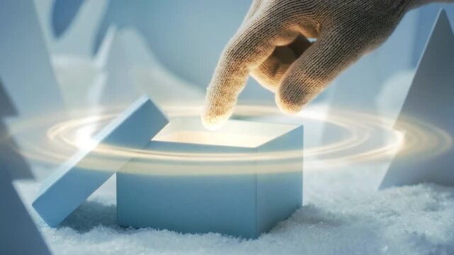 Gloved hand touches glowing gift box, snowy scene with golden light rings, knit mitten hovers over icy present, closeup cinematic glow, wonder and holiday anticipation