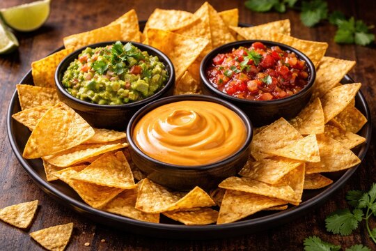 Tortilla chips with salsa, guacamole and cheese dip, appetizer snack platter