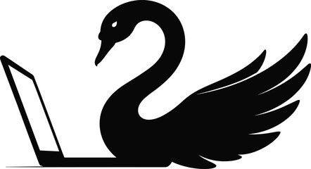 Obraz premium Black silhouette illustration of swan interacting with laptop, modern technology concept, elegant bird artwork, digital vector design, nature meets tech