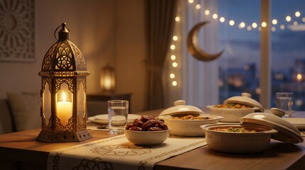 Elegant Ramadan Iftar Table with Lantern and Dates, Warm Spiritual Atmosphere
