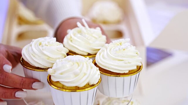 Cupcakes on display in a shop with golden accents