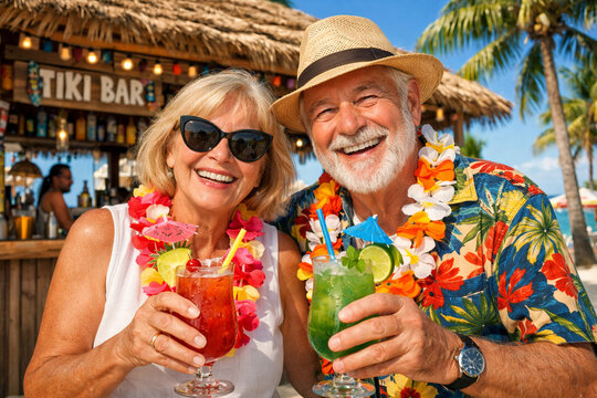 An elderly couple enjoying their vacation, drinking cocktails at a beach bar. Hawaii, tropical vacation.