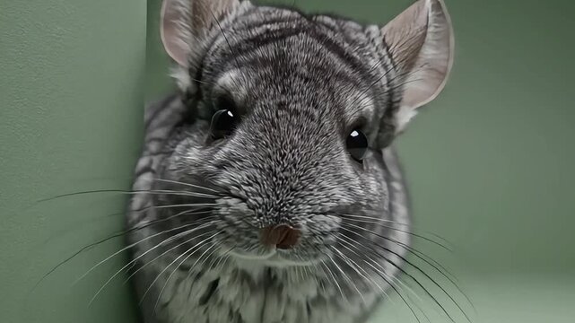Cute chinchilla portrait peering curiously from behind green panel in studio