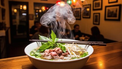 Steaming Hot Pho in Restaurant Setting.