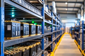 Aisles of Organized Battery Storage in Industrial Warehouse Setting