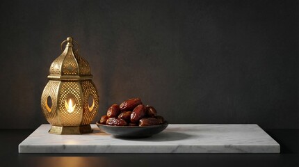 Luxury Minimal Ramadan Lantern with Dates on Dark Background