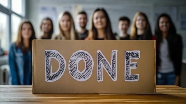 Group of young adults stand behind cardboard sign that declares project is DONE, signifying accomplishment and completion.