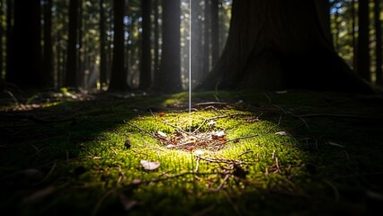 Sunlight filtering through forest trees onto mossy forest floor