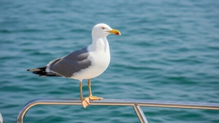 Seagull perched on boat railing at sea.