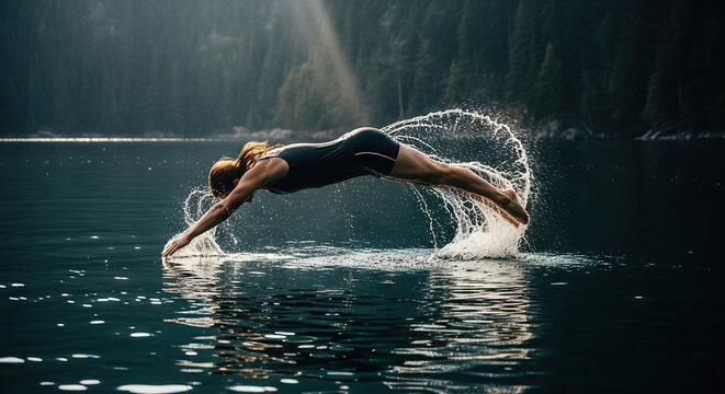 Woman Swimming in Open Water with Splash