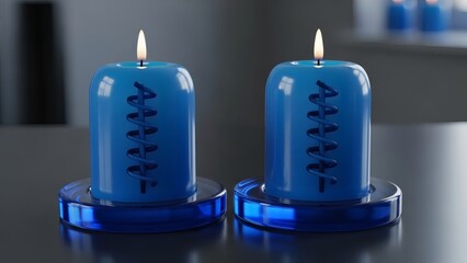 Blue Candles on Dark Surface.