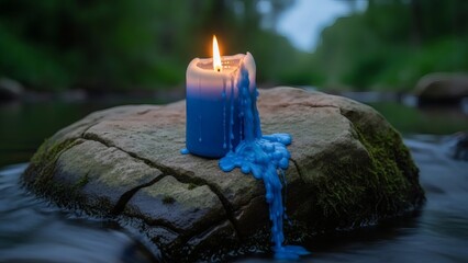 Lit Blue Candle on Rock in River.