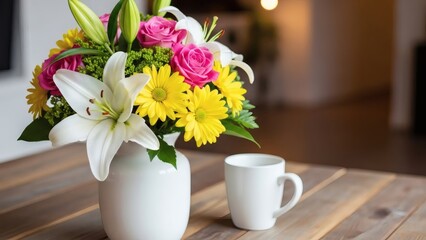 Colorful Flowers in White Vase with Coffee Cup.