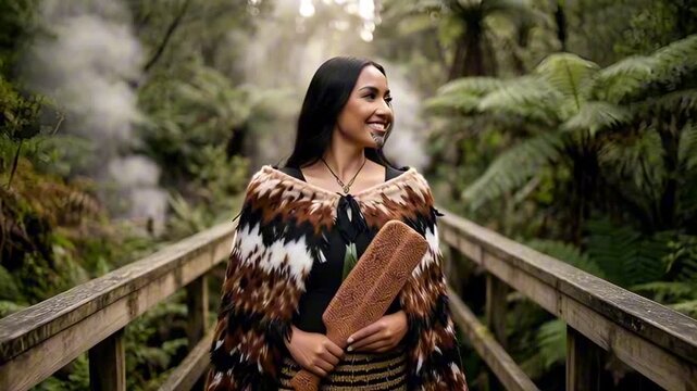 Maori woman dressed in traditional clothing holds a carved wooden board on a wooden walkway, with a misty forest and greenery in the background