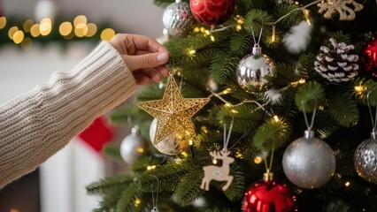 Hand Decorating Christmas Tree with Ornaments.