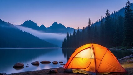 Camping by a serene lake at dusk.
