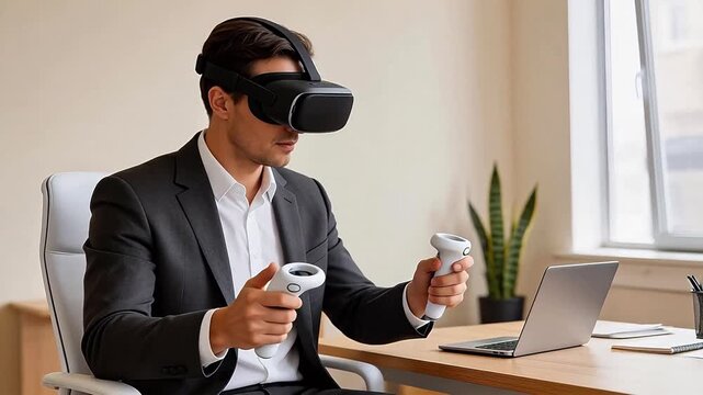 Man in suit using VR headset and controllers