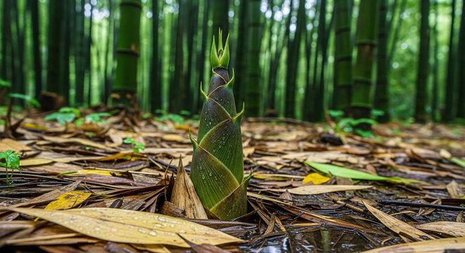 Young Bamboo Sprout Emerging in a Dense Bamboo Forest