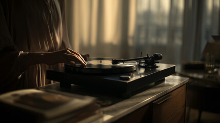 Obraz premium premium lifestyle photography of an adult enjoying a refined hobby with vintage vinyl record player, aesthetic home interior with warm sunlight and analog turntable, 