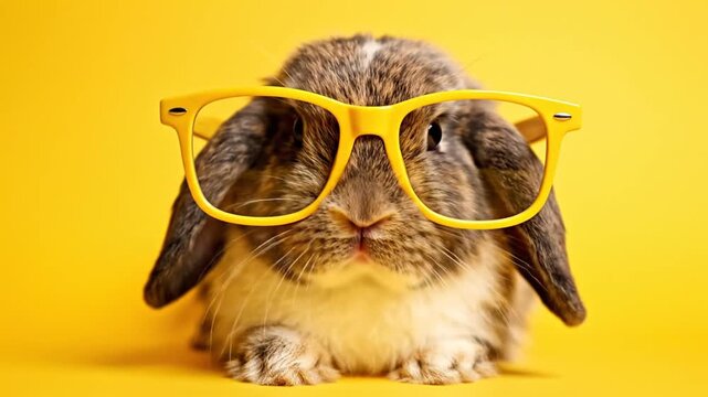 Adorable rabbit wearing yellow glasses on vibrant yellow background