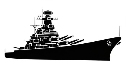 Black silhouette of a battleship with guns and turrets on a white background. © Wahyu
