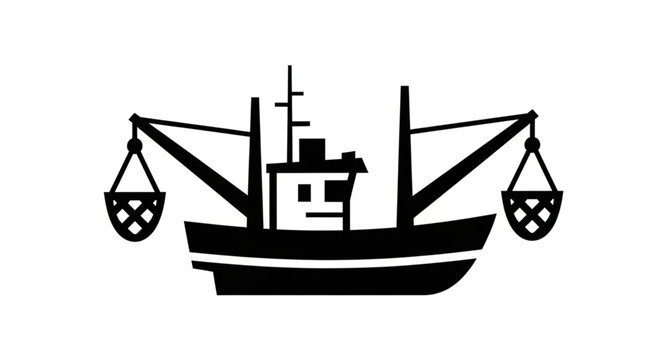 Black silhouette of a fishing trawler with nets on either side.