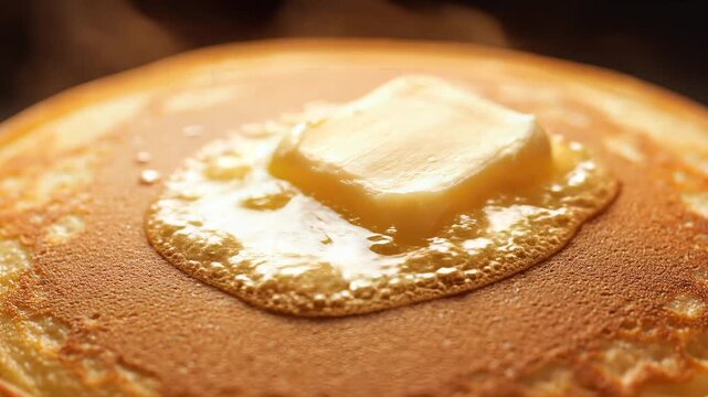 A stack of pancakes with melted butter on top being enjoyed for breakfast or supper on a cozy morning