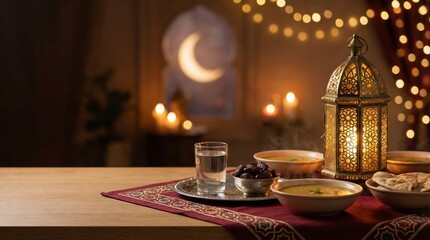 Elegant Ramadan Iftar Table with Lantern and Dates, Warm Spiritual Atmosphere