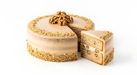 Fresh Walnut Cake with Smooth Icing Isolated on White Background