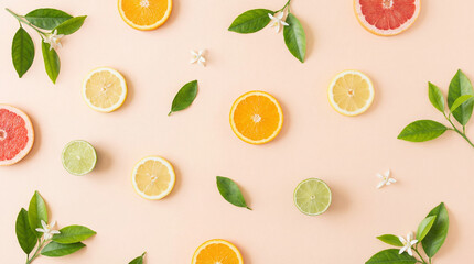 Obraz premium Vibrant citrus slices and fresh green leaves scattered across a gentle pastel surface, radiating natural zest and botanical beauty