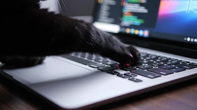 Black cat paw typing on laptop keyboard