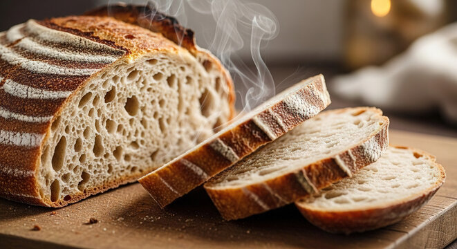 Freshly Cut Artisan Bread with Crusty Exterior