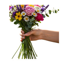 hand giving colorful flower bouquet