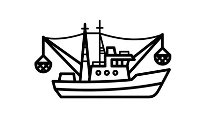 Simple black and white line drawing of a fishing trawler. © Wahyu