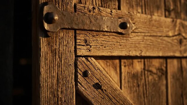 Close up of weathered wooden door with metal hinge and bolts