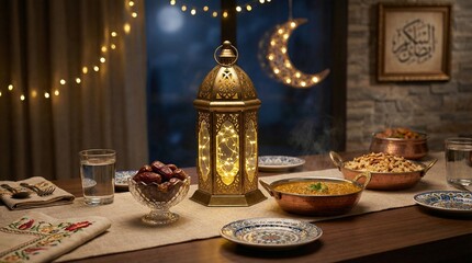 Elegant Ramadan Iftar Table with Lantern and Dates, Warm Spiritual Atmosphere